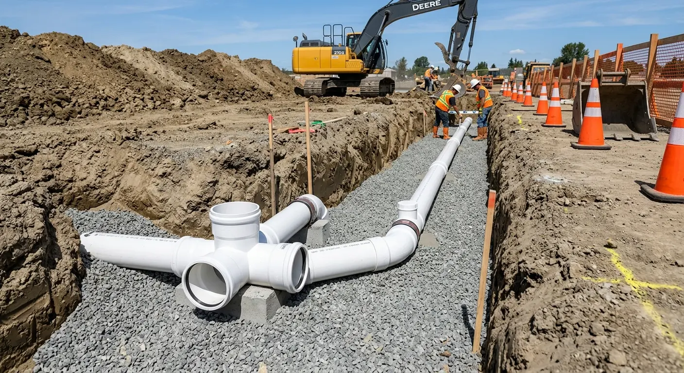 New PVC sewer pipe installation in open trench for Grease Trap Cleaning in Cottage Grove