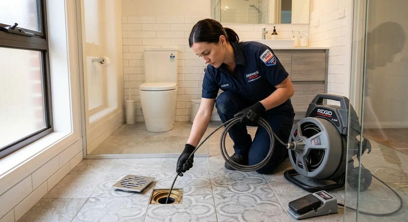 Technician clearing a bathroom floor drain for Hydro Jetting in Cottage Grove